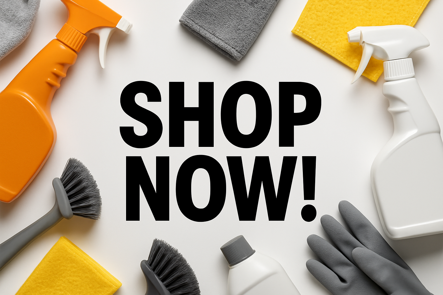 A black text saying "SHOP NOW!" with cleaning tools in the background with the sides and corners fading out to white